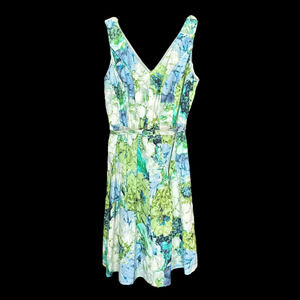 Jessica Howard Dress Sundress Green Blue Floral Belted Linen Blend 16W
